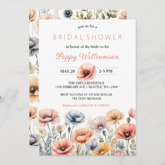 POPPY Mason Jar Bridal Dusche Einladung (Vorne/Hinten)