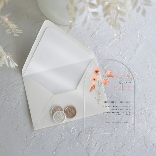 Poppy Orange Blume Hochzeit Speichern Sie das Datu Acryleinladungen