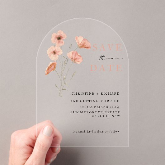 Poppy Orange Blume Hochzeit Speichern Sie das Datu Acryleinladungen (Insitu (Handheld))