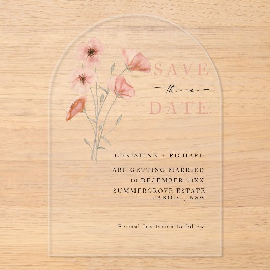 Poppy Orange Blume Hochzeit Speichern Sie das Datu Acryleinladungen (Vorderseite)