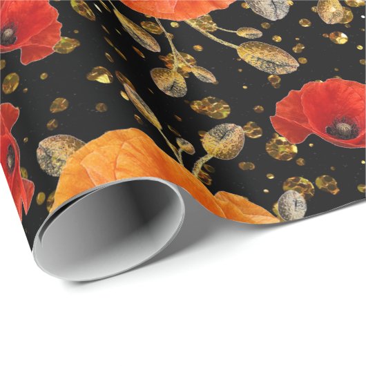 Poppy Red Blume Glam Black Gold Confetti Geschenkpapier (Rolleneckpunkt)
