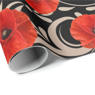 Poppy Red Blume Schwarz-weiß Glam Metallic Geschenkpapier