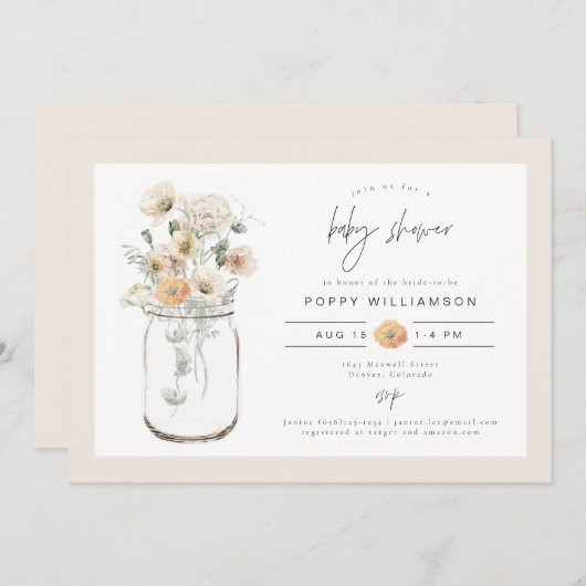 POPPY Rustikale Wildblume Mason Jar Babydusche Einladung (Vorne/Hinten)