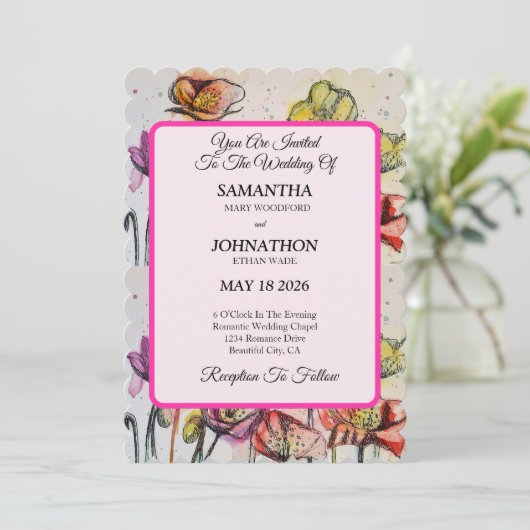 Poppy Watercolor Blume Blumenzwiebeln Einladung (Stehend Vorderseite)