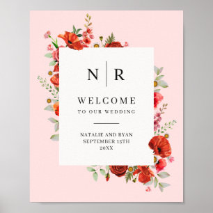 Poppy-Wildblumen Pink-Monogramm-Hochzeit Poster