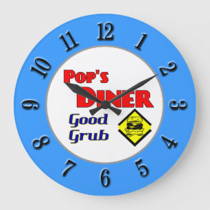 Pops Diner Retro Red Blue Kitchlock Große Wanduhr