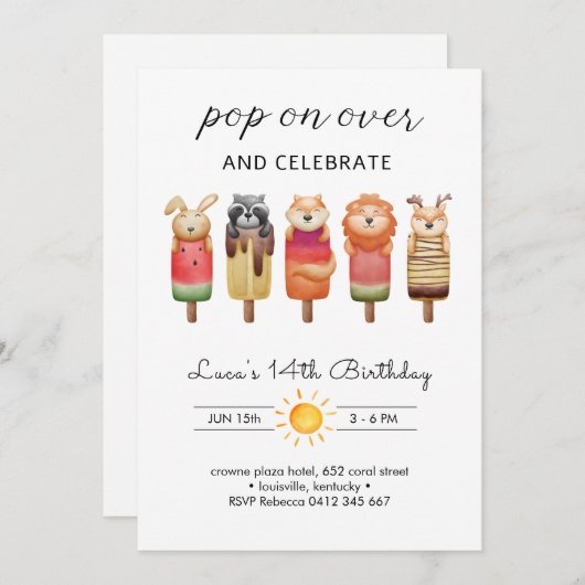 Popsicle Animals Birthday Einladung (Vorne/Hinten)