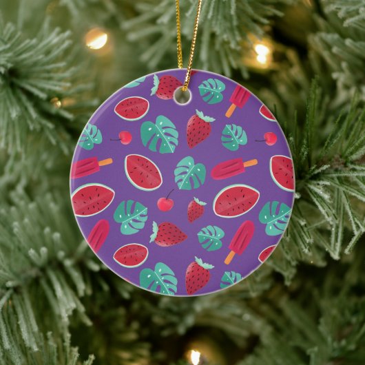 Popsicle, Cherry, Strawberry & Watermelon Blätter Keramik Ornament (Baum)