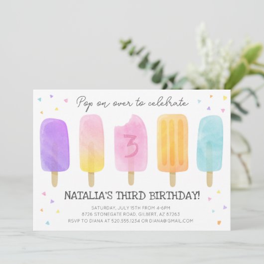 Popsicle Watercolor Pink Girl Birthday Einladung (Stehend Vorderseite)