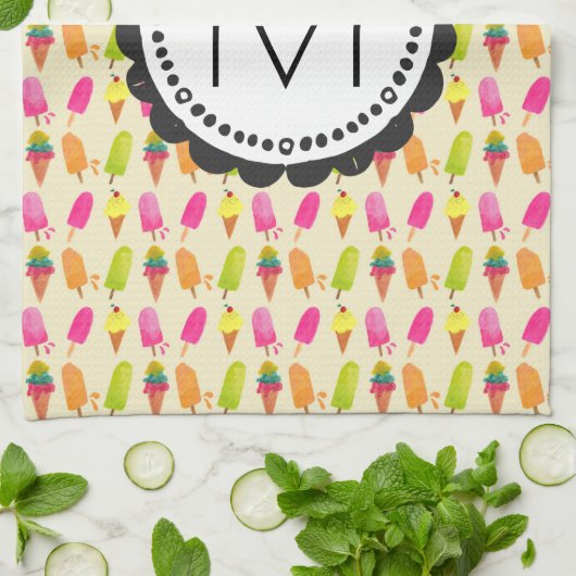 Popsicles and Ice cream cons Custom Monogram Küchentuch (Gefaltet)
