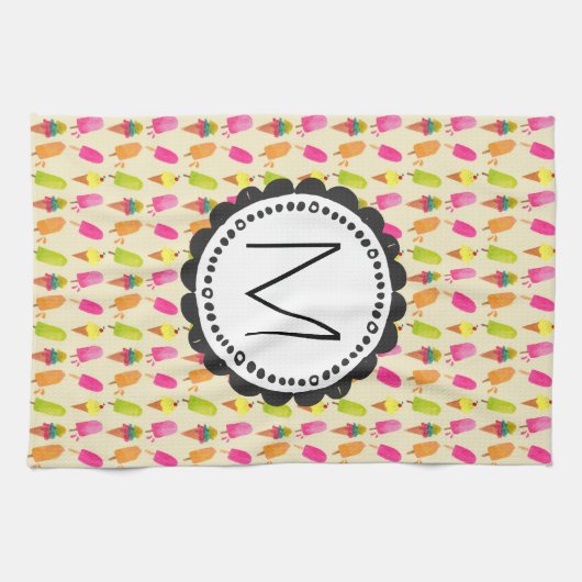 Popsicles and Ice cream cons Custom Monogram Küchentuch (Horizontal)