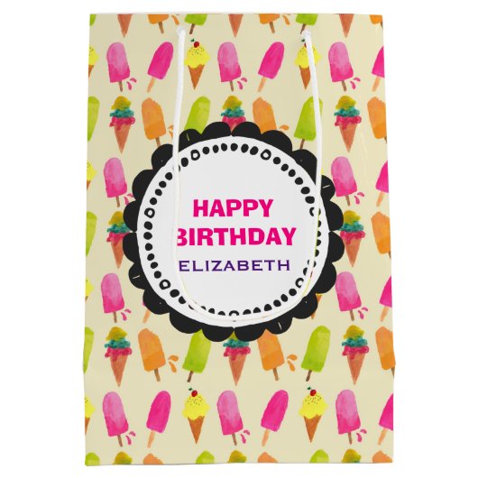 Popsicles and Ice Cream Pattern Happy Birthday Mittlere Geschenktüte (Rückseite)
