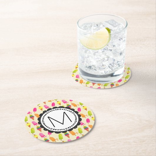 Popsicles and Ice Creme Personalisiert Monogram Runder Pappuntersetzer (Vor Ort)