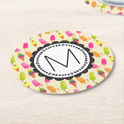 Popsicles and Ice Creme Personalisiert Monogram Runder Pappuntersetzer (Angewinkelt)