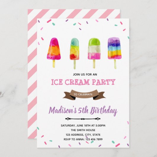 Popsimädchen Eis Geburtstagseinladung Einladung (Vorne/Hinten)