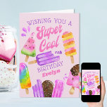 Popsiv Custom Age Girl Super Cool Geburtstag Karte<br><div class="desc">Personalisierte Popsicle Geburtstagskarte für ein spezielles Mädchen. Dieses farbenfrohe Design besticht durch Aquarellpopsikel und schokoladengetauchte Eis auf Stöcken. Die Formulierung lautet "Ihnen einen super coolen Geburtstag wünschen [Name]" in skurriler Typografie und Retrohandschrift. Die Vorlage ist Set für Sie,  um mit jedem Alter,  Namen und Gruß innerhalb anpassen.</div>