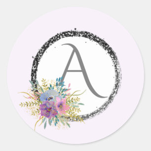 *~* Popular Girly Floral Glitzer Monogram Initial Runder Aufkleber