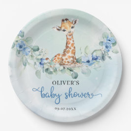 Populäre Aquarellgiraffe Blue Blumen Safari Pappteller