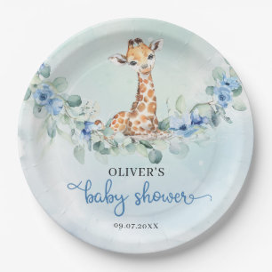 Populäre Aquarellgiraffe Blue Blumen Safari Pappteller