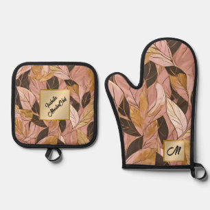 Populäre Schwarz-Pink-Gold-Boho-Blätter-Sammlung Ofenhandschuh & Topflappen-Set