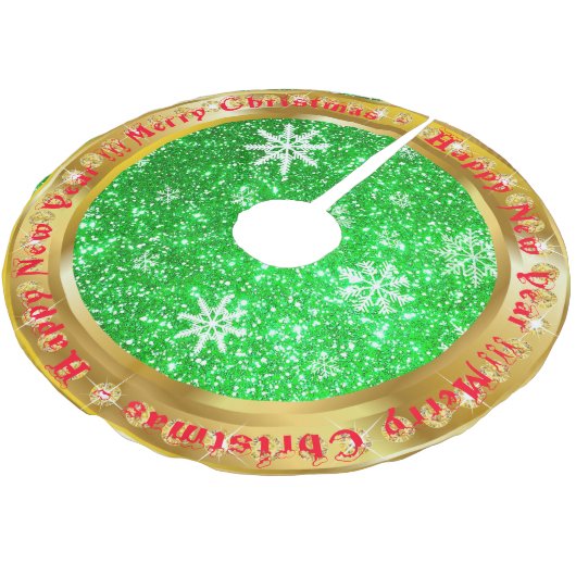 Populäre Snowflake Gold Glitzer Green Polyester Weihnachtsbaumdecke (Schrägansicht)