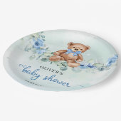 Populäre Teddy Bär dusty blue bluoral eucalyptus Pappteller (Schrägansicht)