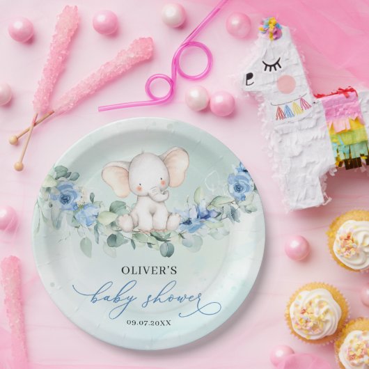 Populärer Elefant dusty blue floral eucalyptus Pappteller (Party)