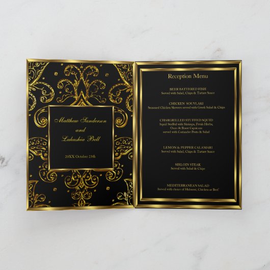 Populäres Menü mit der Gold Black Folded Card Einladung (Innenseite)