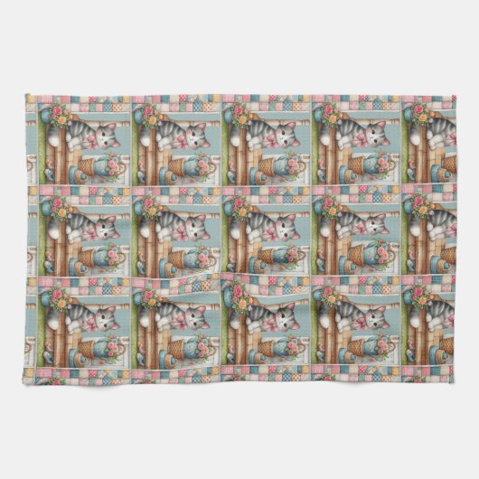 Porch Kitty Floral Patchwork Scene Geschirrtuch (Horizontal)