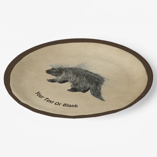 Porcupine auf altem Papier Pappteller (Schrägansicht)