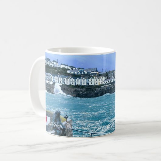 Porthleven Uhrturm + Gewartet für Fischskulpturen Kaffeetasse (Vorderseite Links)