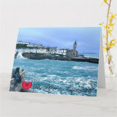 Porthleven Uhrturm + Gewartet für Fischskulpturen Karte (Gelbe Blume)