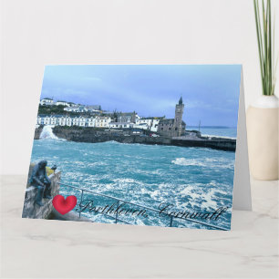 Porthleven Uhrturm + Waiting for Fish Skulptur Karte
