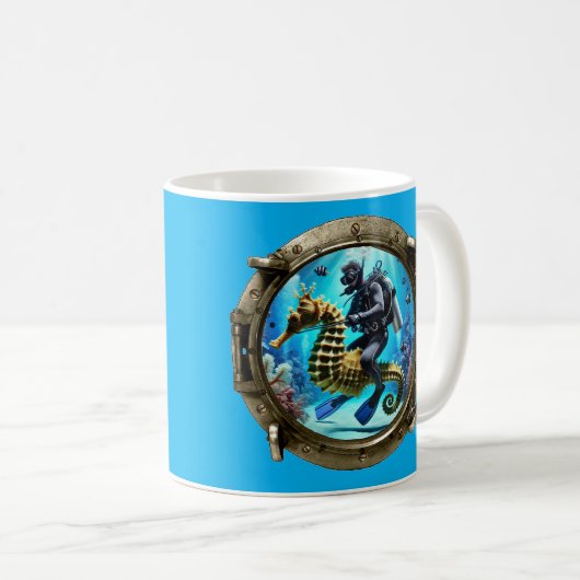 Porthole Ansicht von SCUBA Diver Reiten eines Seep Kaffeetasse (VorderseiteRechts)