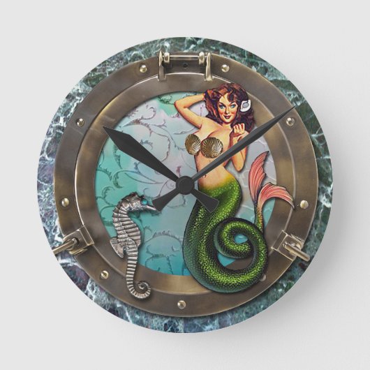 PORTHOLE MERMAID, original Art mermaids Runde Wanduhr (Vorderseite)