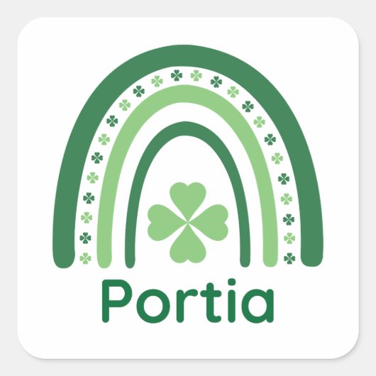 Portia Name Clover Boho Rainbow Quadratischer Aufkleber (Vorderseite)
