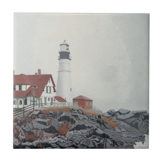 Portland Head Light in Nebel Fliese (Vorderseite)
