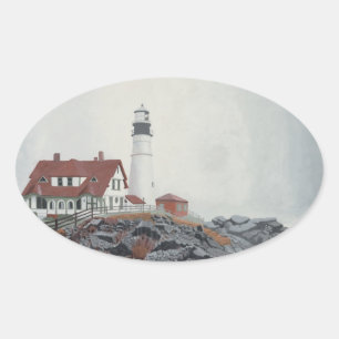 Portland Head Light in Nebel Ovaler Aufkleber