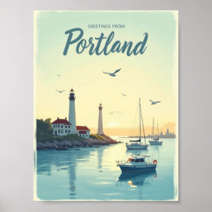 Portland, Maine – Leuchttürme und Wasserfront vint Poster