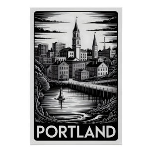 Portland Maine Skyline Schwarz Weiß Holzschnitt Poster