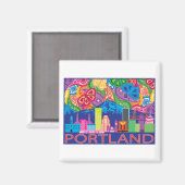 Portland OR und Mt. Hood bunt abstrakt zeichnend Magnet (Vorderseite/Rückseite)