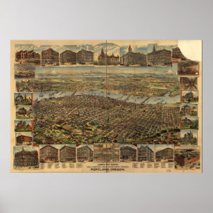 Portland Oregon 1890 Antik Panoramabalkarte Poster