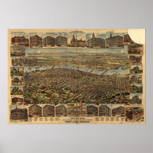 Portland Oregon 1890 Antik Panoramabalkarte Poster (Vorne)