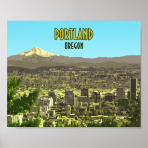 Portland Oregon Downtown Hood Vintag Poster