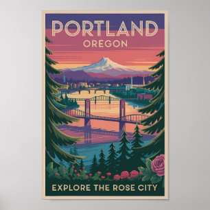 Portland Oregon Mount Hood Travel Vintag Poster
