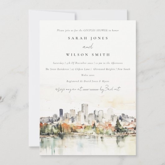 Portland Oregon Skyline Aquarellpaare Dusche Einladung (Vorderseite)