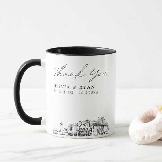 Portland Skyline Sketch Simple Custom Wedding Tass Tasse (Mit Donut)