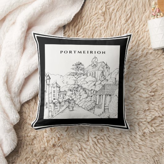 Portmeirion North Wales Pen Ink Sketch Schwarz-wei Kissen (Decke)