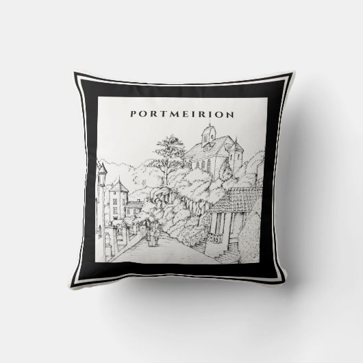 Portmeirion North Wales Pen Ink Sketch Schwarz-wei Kissen (Rückseite)