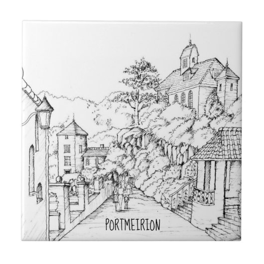 Portmeirion North Wales Pen und Ink Sketch Fliese (Vorderseite)